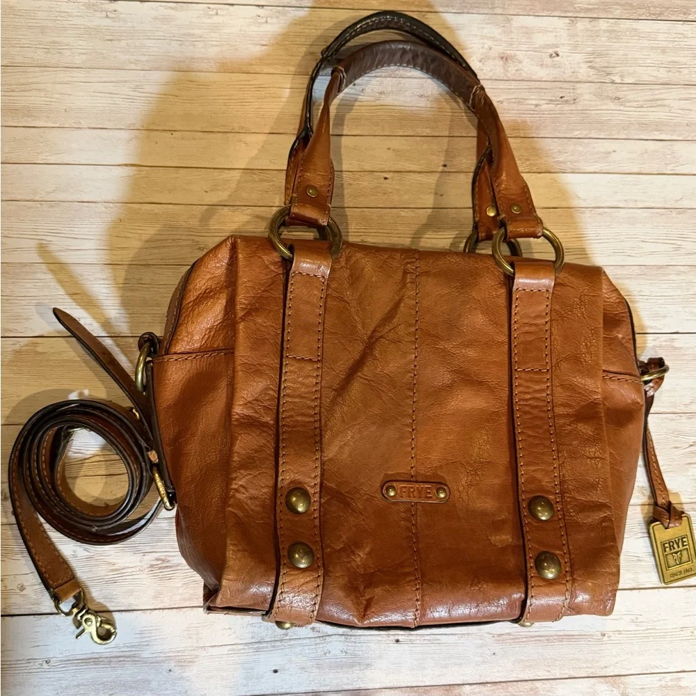 Frye Tan Leather Satchel with Studded Detail